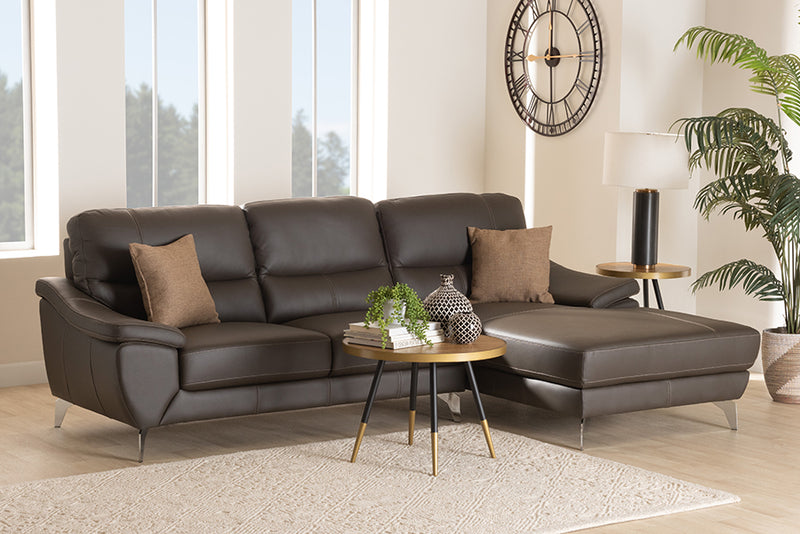 Harumi Modern Brown Full Leather Sectional Sofa w/Right Facing Chaise