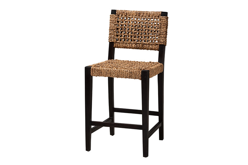 Delilah Modern Bohemian Dark Brown Mahogany Wood and Seagrass Counter Stool