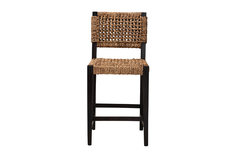 Delilah Modern Bohemian Dark Brown Mahogany Wood and Seagrass Counter Stool