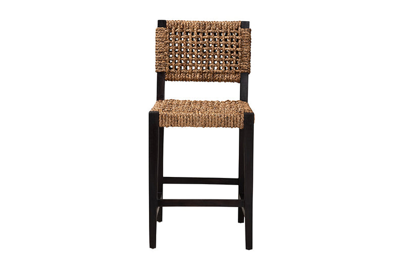 Delilah Dark Brown Mahogany Wood and Seagrass Counter Stool Baxton
