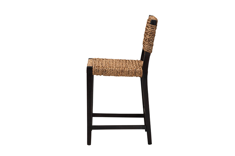 Delilah Modern Bohemian Dark Brown Mahogany Wood and Seagrass Counter Stool