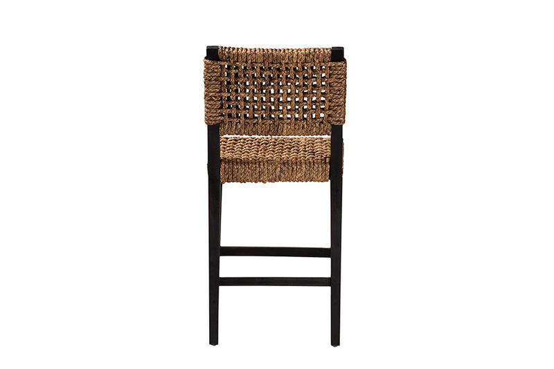 Delilah Modern Bohemian Dark Brown Mahogany Wood and Seagrass Counter Stool