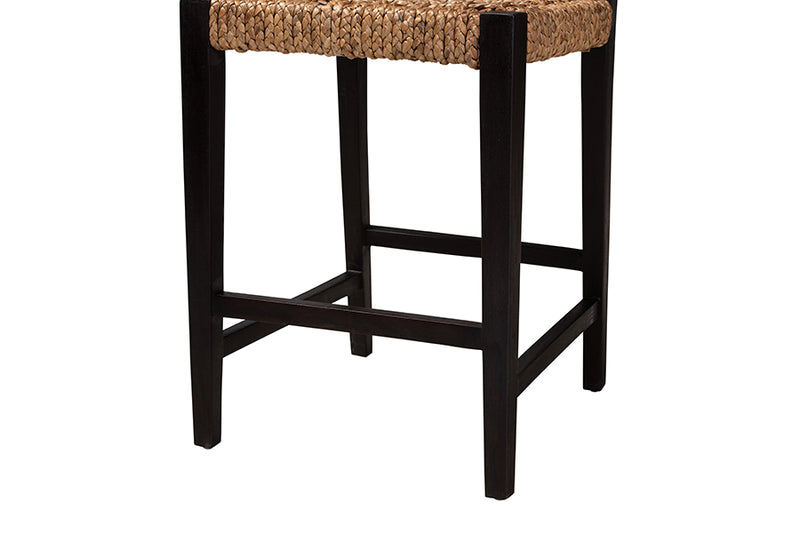 Delilah Modern Bohemian Dark Brown Mahogany Wood and Seagrass Counter Stool