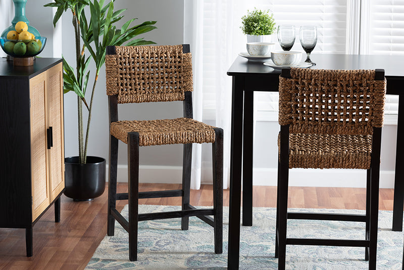 Delilah Modern Bohemian Dark Brown Mahogany Wood and Seagrass Counter Stool