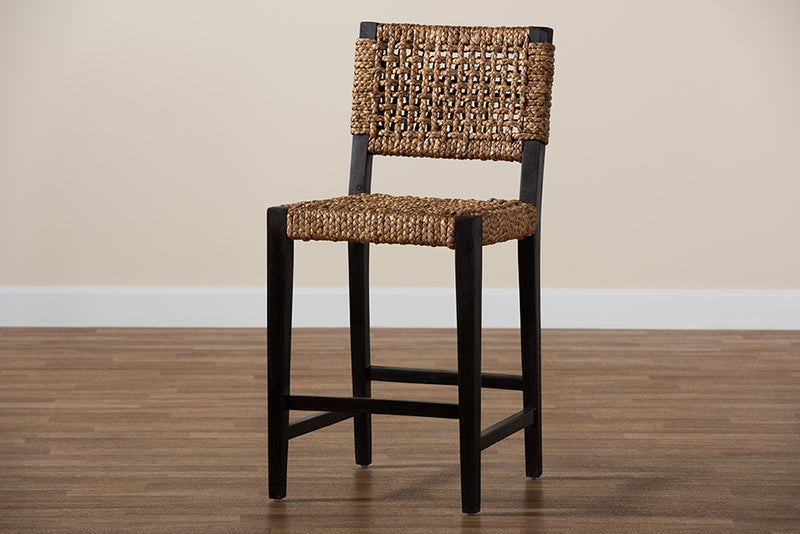 Delilah Modern Bohemian Dark Brown Mahogany Wood and Seagrass Counter Stool