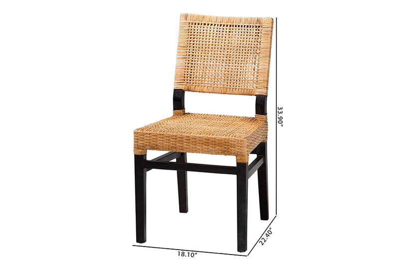 Merci Modern Bohemian Natural Brown Rattan and Espresso Brown Mahogany Wood Dining Chair