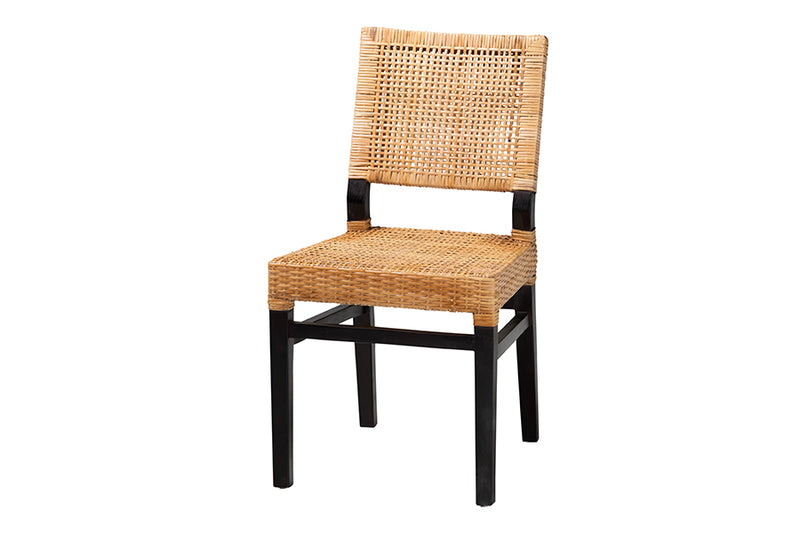 Merci Modern Bohemian Natural Brown Rattan and Espresso Brown Mahogany Wood Dining Chair