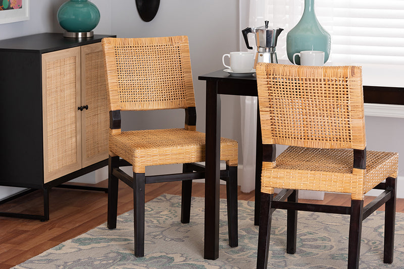 Merci Modern Bohemian Natural Brown Rattan and Espresso Brown Mahogany Wood Dining Chair