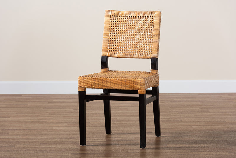 Merci Modern Bohemian Natural Brown Rattan and Espresso Brown Mahogany Wood Dining Chair