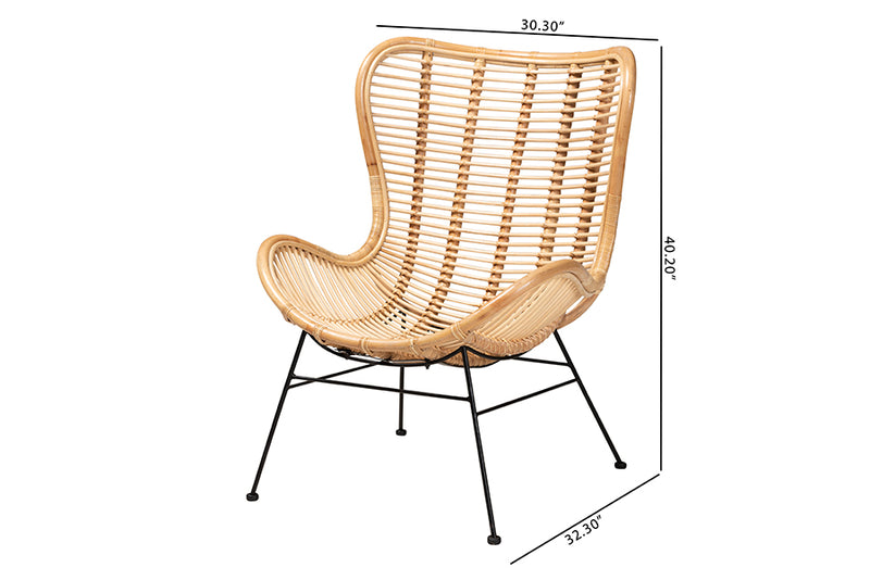 Rovelyn Modern Bohemian Natural Brown Rattan and Black Metal Accent Chair