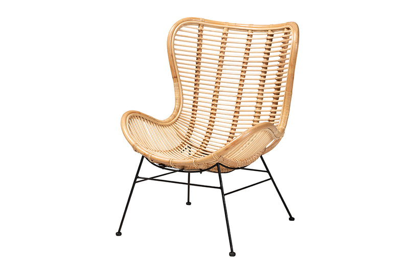 Rovelyn Modern Bohemian Natural Brown Rattan and Black Metal Accent Chair