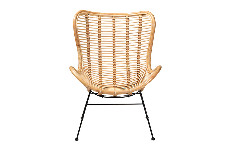 Rovelyn Modern Bohemian Natural Brown Rattan and Black Metal Accent Chair