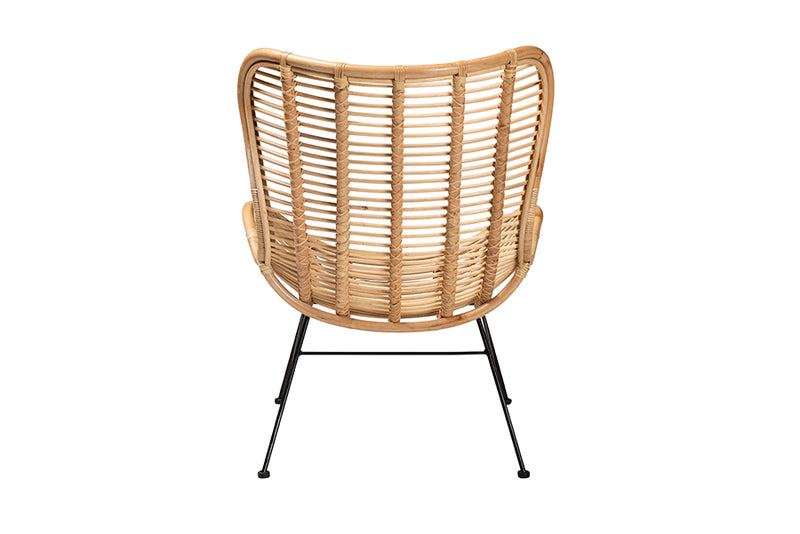 Rovelyn Modern Bohemian Natural Brown Rattan and Black Metal Accent Chair