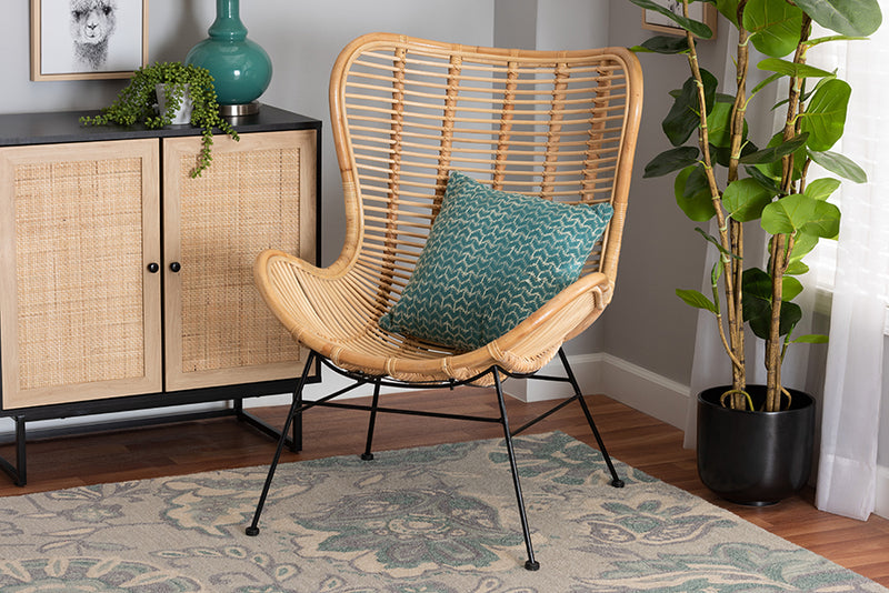 Rovelyn Modern Bohemian Natural Brown Rattan and Black Metal Accent Chair