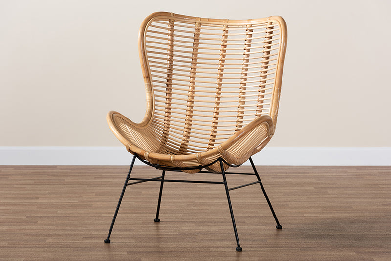 Rovelyn Modern Bohemian Natural Brown Rattan and Black Metal Accent Chair