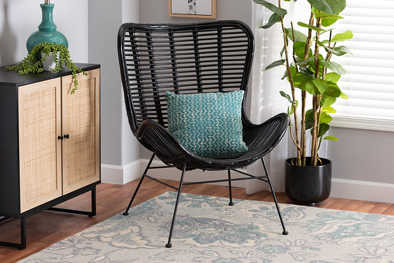 Rovelyn Modern Bohemian Black Rattan and Metal Accent Chair