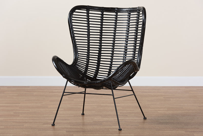 Rovelyn Modern Bohemian Black Rattan and Metal Accent Chair