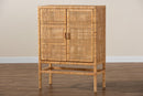 Perry Natural Brown Rattan and Mahogany Wood 3-Shelf Storage Cabinet Baxton