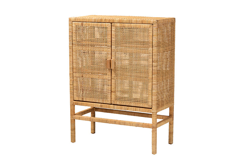 Perry Natural Brown Rattan and Mahogany Wood 3-Shelf Storage Cabinet Baxton