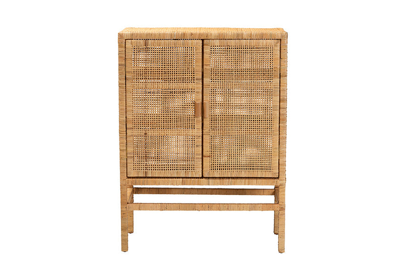 Perry Natural Brown Rattan and Mahogany Wood 3-Shelf Storage Cabinet Baxton
