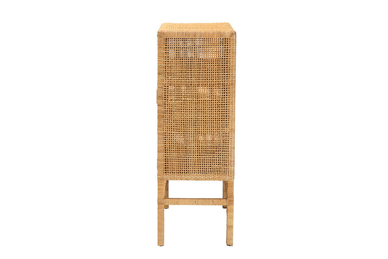 Perry Natural Brown Rattan and Mahogany Wood 3-Shelf Storage Cabinet Baxton