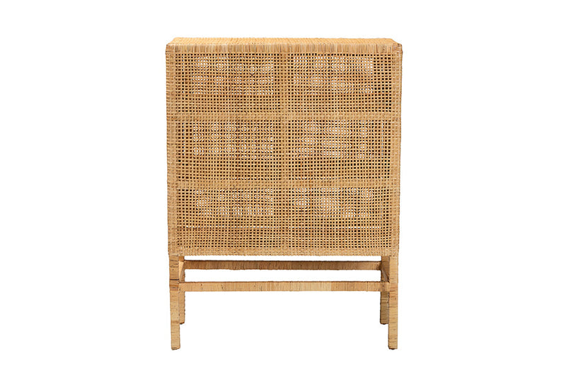 Perry Natural Brown Rattan and Mahogany Wood 3-Shelf Storage Cabinet Baxton