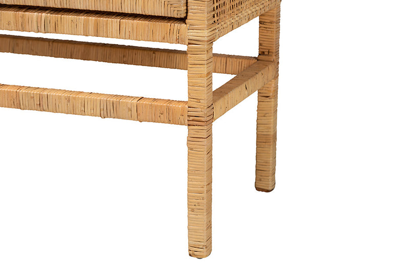 Perry Natural Brown Rattan and Mahogany Wood 3-Shelf Storage Cabinet Baxton