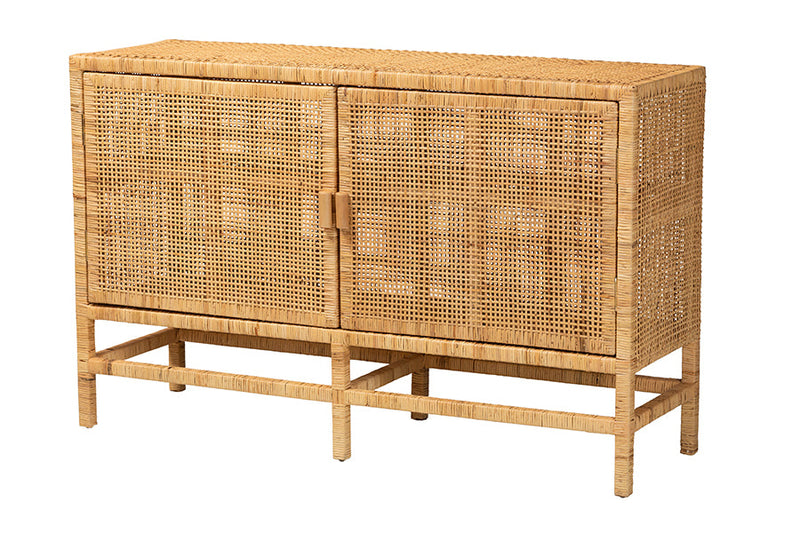 Perry Natural Brown Rattan and Mahogany Wood Storage Cabinet Baxton