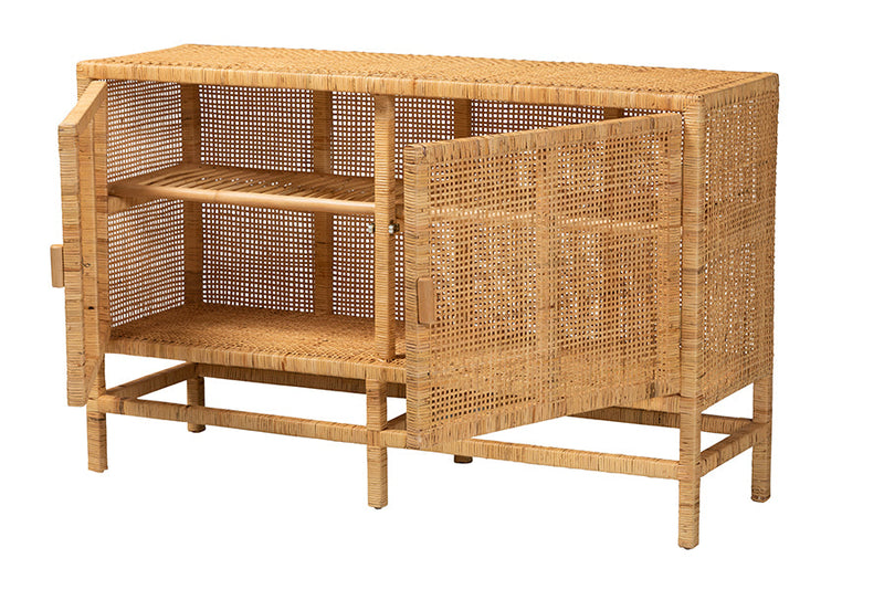 Perry Natural Brown Rattan and Mahogany Wood Storage Cabinet Baxton