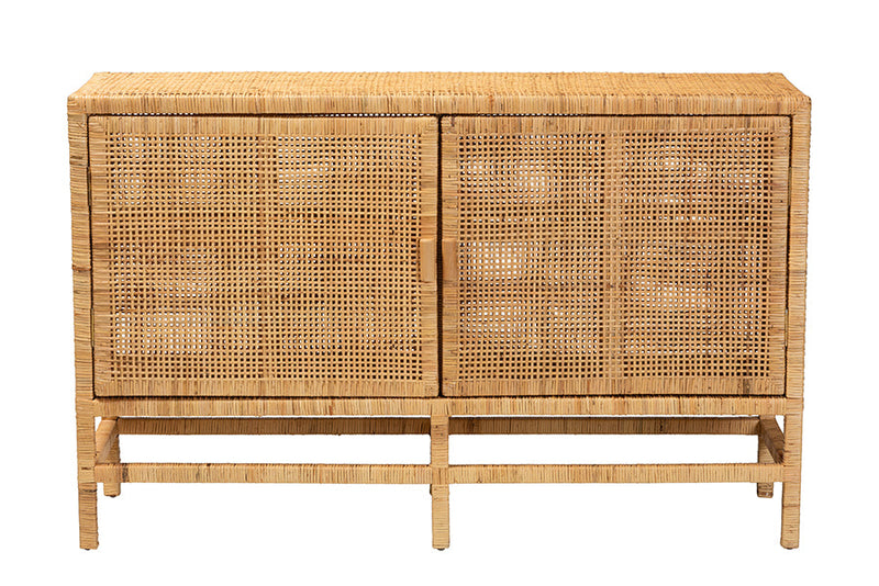 Perry Natural Brown Rattan and Mahogany Wood Storage Cabinet Baxton