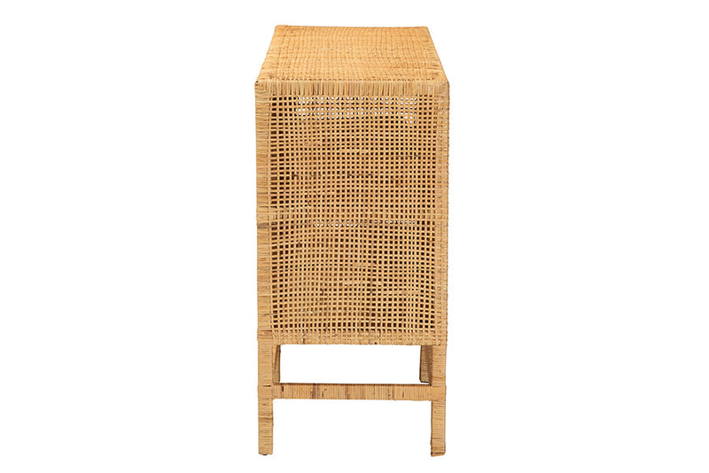 Perry Natural Brown Rattan and Mahogany Wood Storage Cabinet Baxton