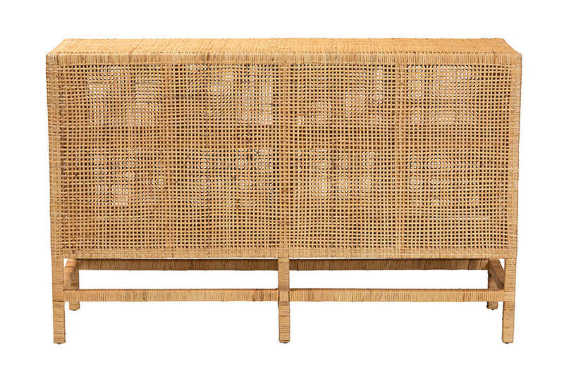 Perry Natural Brown Rattan and Mahogany Wood Storage Cabinet Baxton