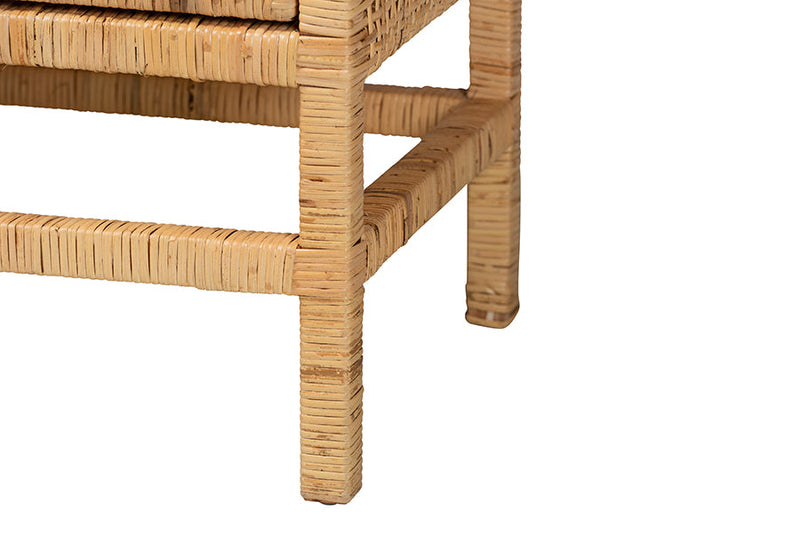 Perry Natural Brown Rattan and Mahogany Wood Storage Cabinet Baxton