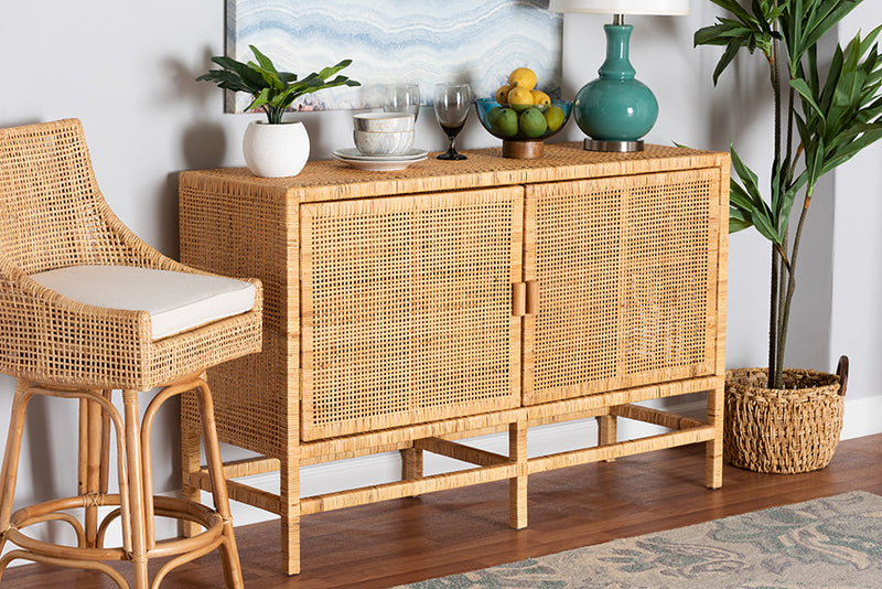 Perry Natural Brown Rattan and Mahogany Wood Storage Cabinet Baxton