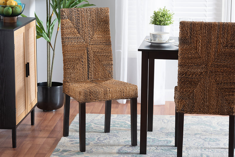 Arnold Modern Bohemian Dark Brown Mahogany Wood and Seagrass Dining Chair