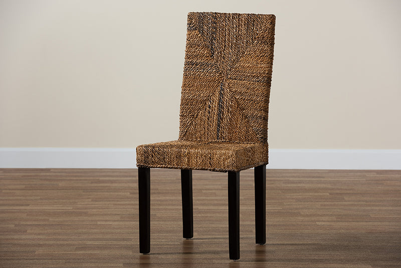 Arnold Modern Bohemian Dark Brown Mahogany Wood and Seagrass Dining Chair