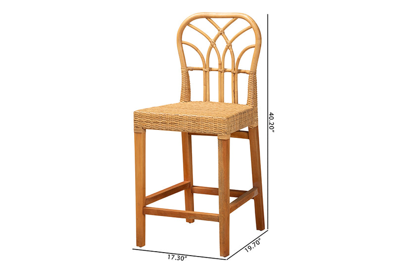 Ravenna Modern Bohemian Natural Rattan and Mahogany Wood Counter Stool