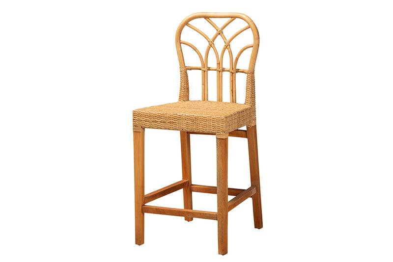 Ravenna Modern Bohemian Natural Rattan and Mahogany Wood Counter Stool