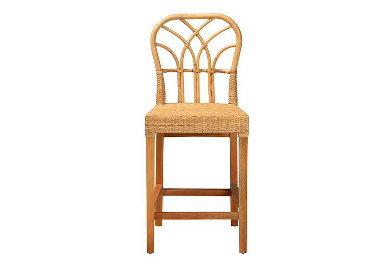 Ravenna Modern Bohemian Natural Rattan and Mahogany Wood Counter Stool