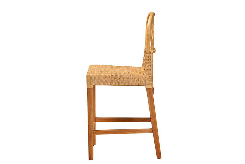 Ravenna Modern Bohemian Natural Rattan and Mahogany Wood Counter Stool