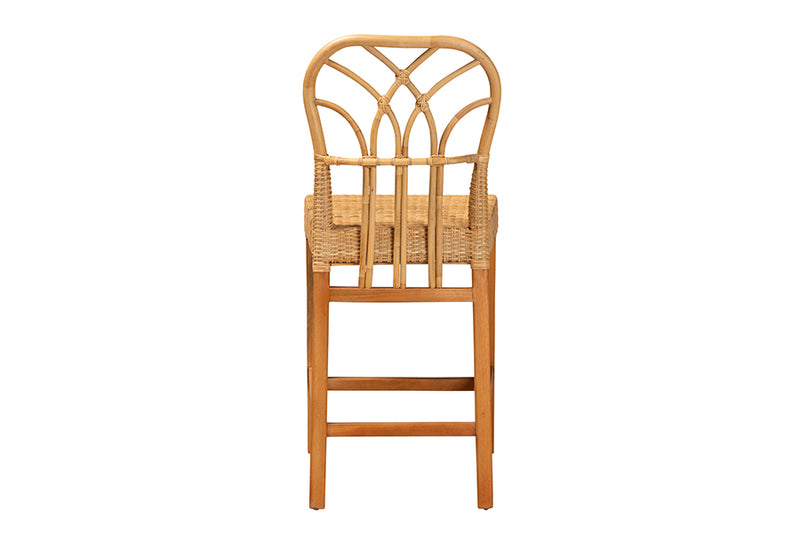 Ravenna Modern Bohemian Natural Rattan and Mahogany Wood Counter Stool