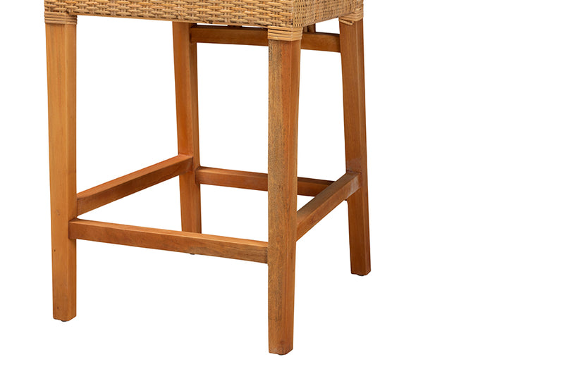 Ravenna Modern Bohemian Natural Rattan and Mahogany Wood Counter Stool