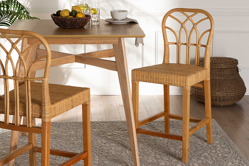 Ravenna Modern Bohemian Natural Rattan and Mahogany Wood Counter Stool