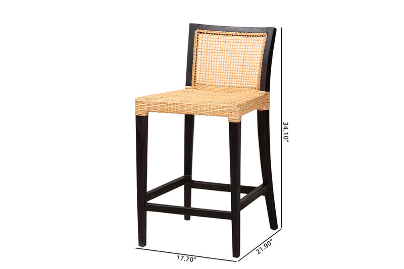 Azmi Modern Bohemian Dark Brown Mahogany Wood and Natural Rattan Counter Stool