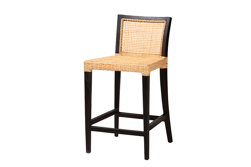 Azmi Modern Bohemian Dark Brown Mahogany Wood and Natural Rattan Counter Stool