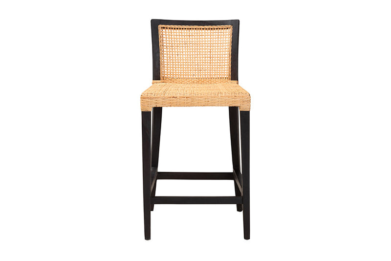 Azmi Dark Brown Mahogany Wood and Natural Rattan Counter Stool Baxton