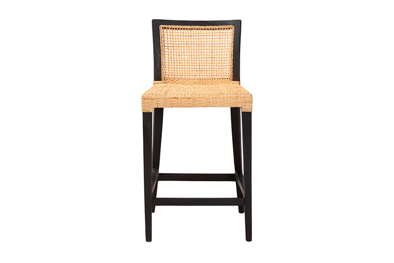 Azmi Modern Bohemian Dark Brown Mahogany Wood and Natural Rattan Counter Stool