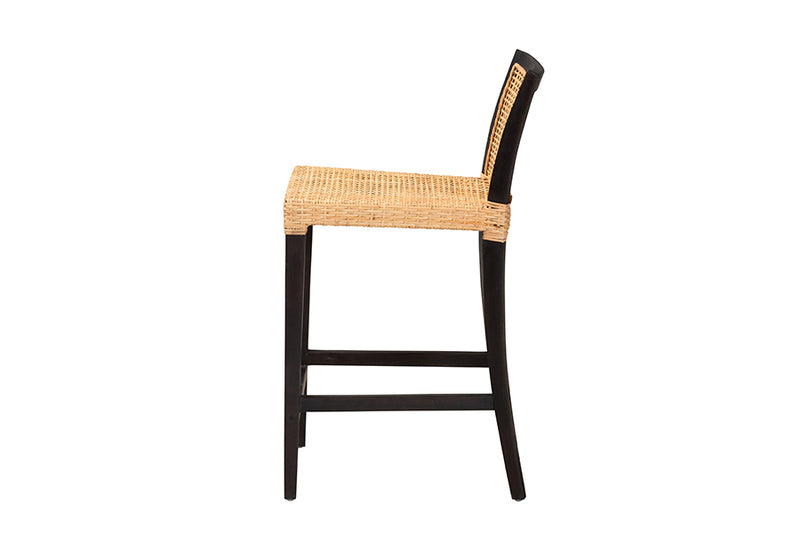 Azmi Modern Bohemian Dark Brown Mahogany Wood and Natural Rattan Counter Stool