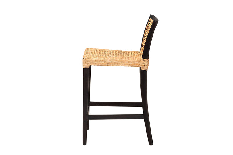 Azmi Dark Brown Mahogany Wood and Natural Rattan Counter Stool Baxton