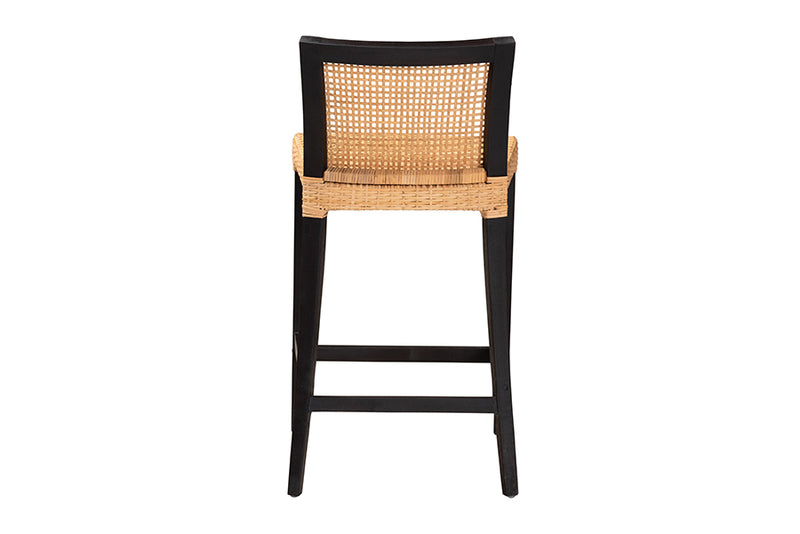 Azmi Modern Bohemian Dark Brown Mahogany Wood and Natural Rattan Counter Stool